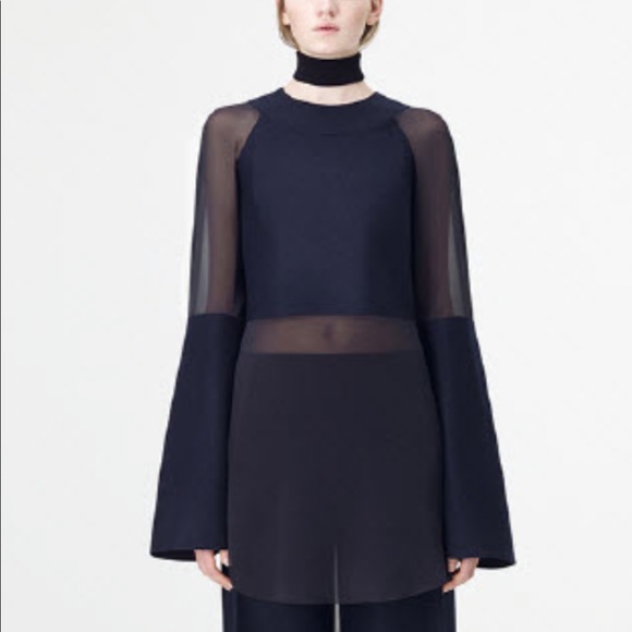 COS Silk Chiffon Top with Bonded Wool Panels in Navy - Picture 3 of 10